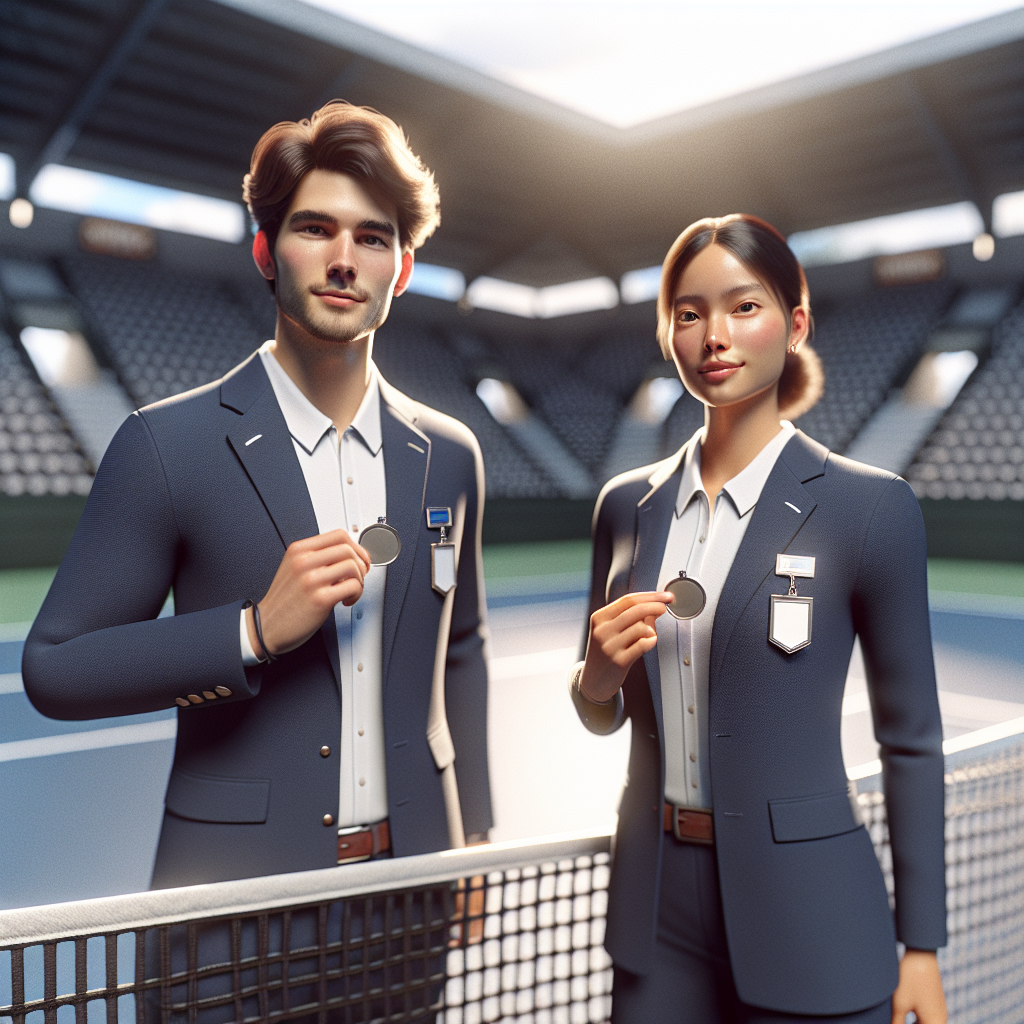 Казахстанские теннисные арбитры с международными значками ITF на теннисном корте