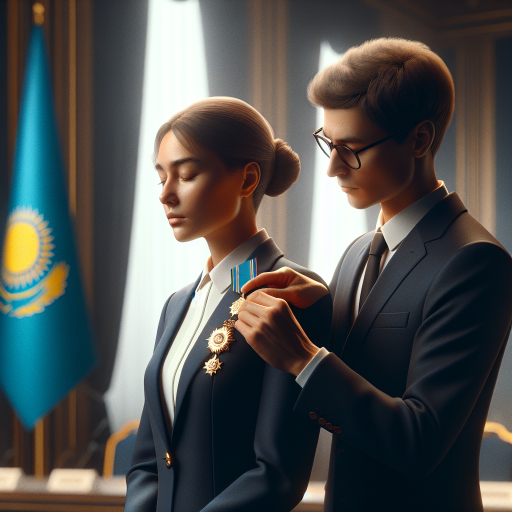 Токаев вручает орден Барыс Елене Рыбакиной на торжественной церемонии в Астане.